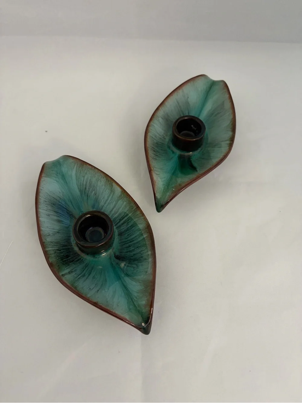 MCM Blue Mountain Pottery Leaf Candle Holder Pair